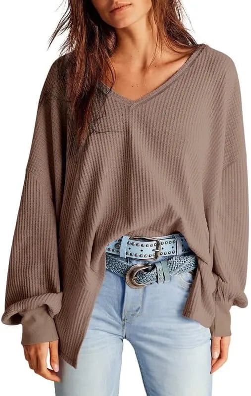 🔥Early Fall Sale-69% OFF  Today🔥Women's Waffle Knit Tops Long Lantern Sleeve Casual Blouses