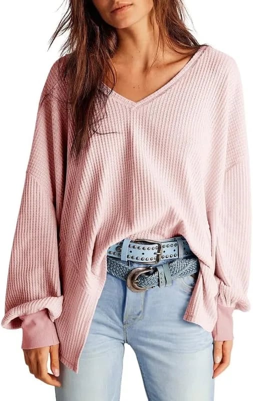 🔥Early Fall Sale-69% OFF  Today🔥Women's Waffle Knit Tops Long Lantern Sleeve Casual Blouses
