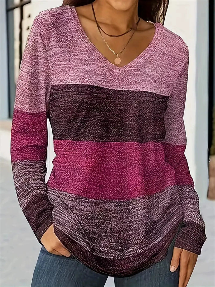 Plus Size Women's Casual Contrast Color V Neck Long Sleeve T-Shirts