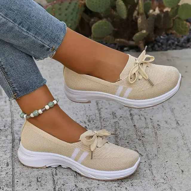 ✨Best-1 Seller Fall 2025✨Women’s Breathable Knit Slip-On Sneakers with Bow – Lightweight Low-Top Casual Shoes in Beige & White for Everyday Comfort