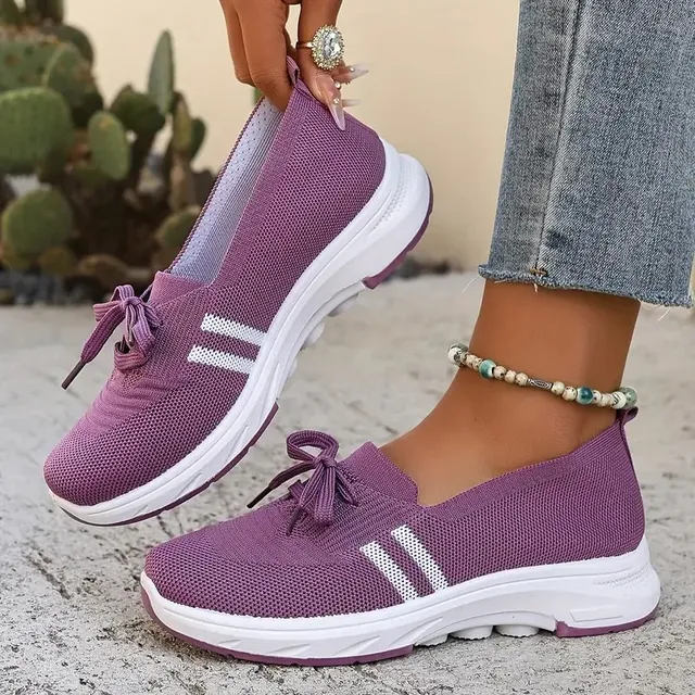 ✨Best-1 Seller Fall 2025✨Women’s Breathable Knit Slip-On Sneakers with Bow – Lightweight Low-Top Casual Shoes in Beige & White for Everyday Comfort