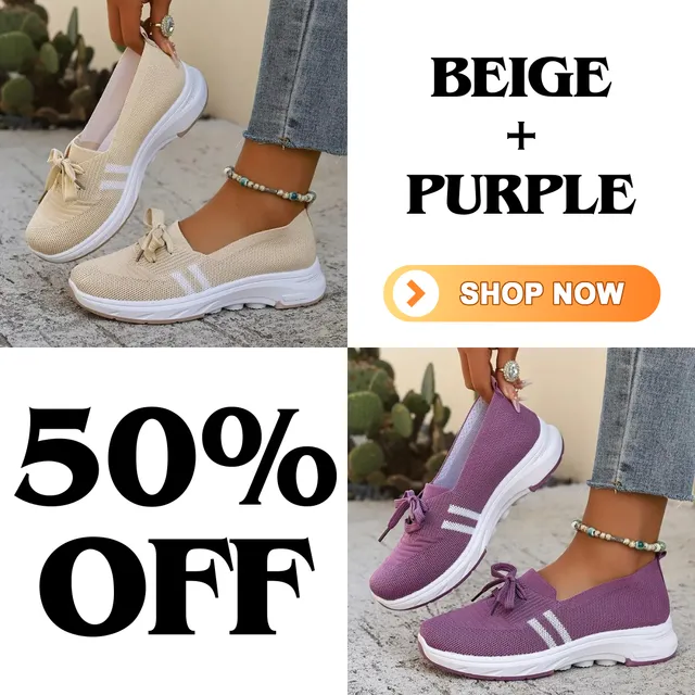 ✨Best-1 Seller Fall 2025✨Women’s Breathable Knit Slip-On Sneakers with Bow – Lightweight Low-Top Casual Shoes in Beige & White for Everyday Comfort