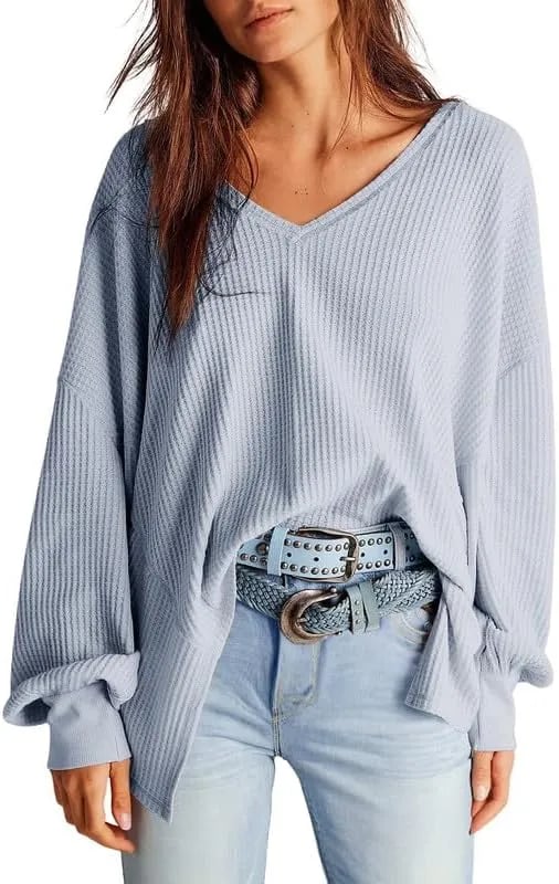 🔥Early Fall Sale-69% OFF  Today🔥Women's Waffle Knit Tops Long Lantern Sleeve Casual Blouses