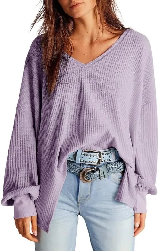 🔥Early Fall Sale-69% OFF  Today🔥Women's Waffle Knit Tops Long Lantern Sleeve Casual Blouses
