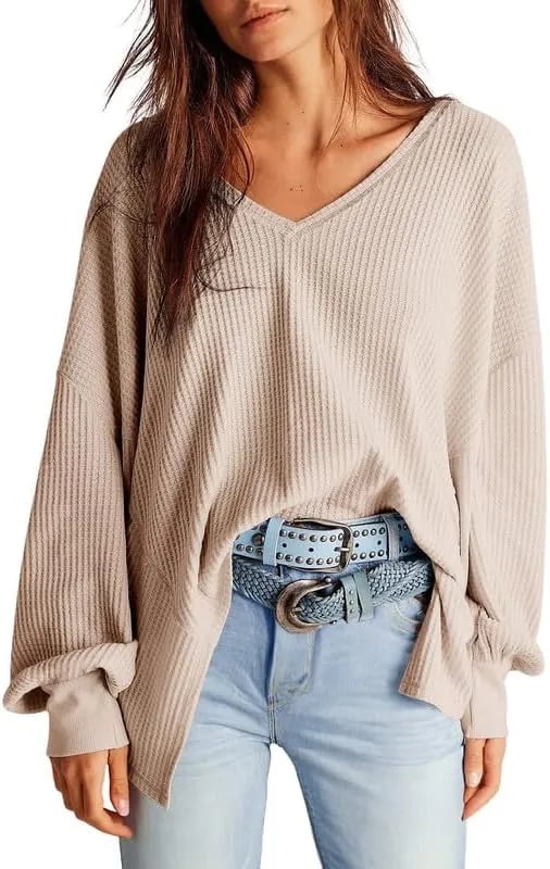 🔥Early Fall Sale-69% OFF  Today🔥Women's Waffle Knit Tops Long Lantern Sleeve Casual Blouses