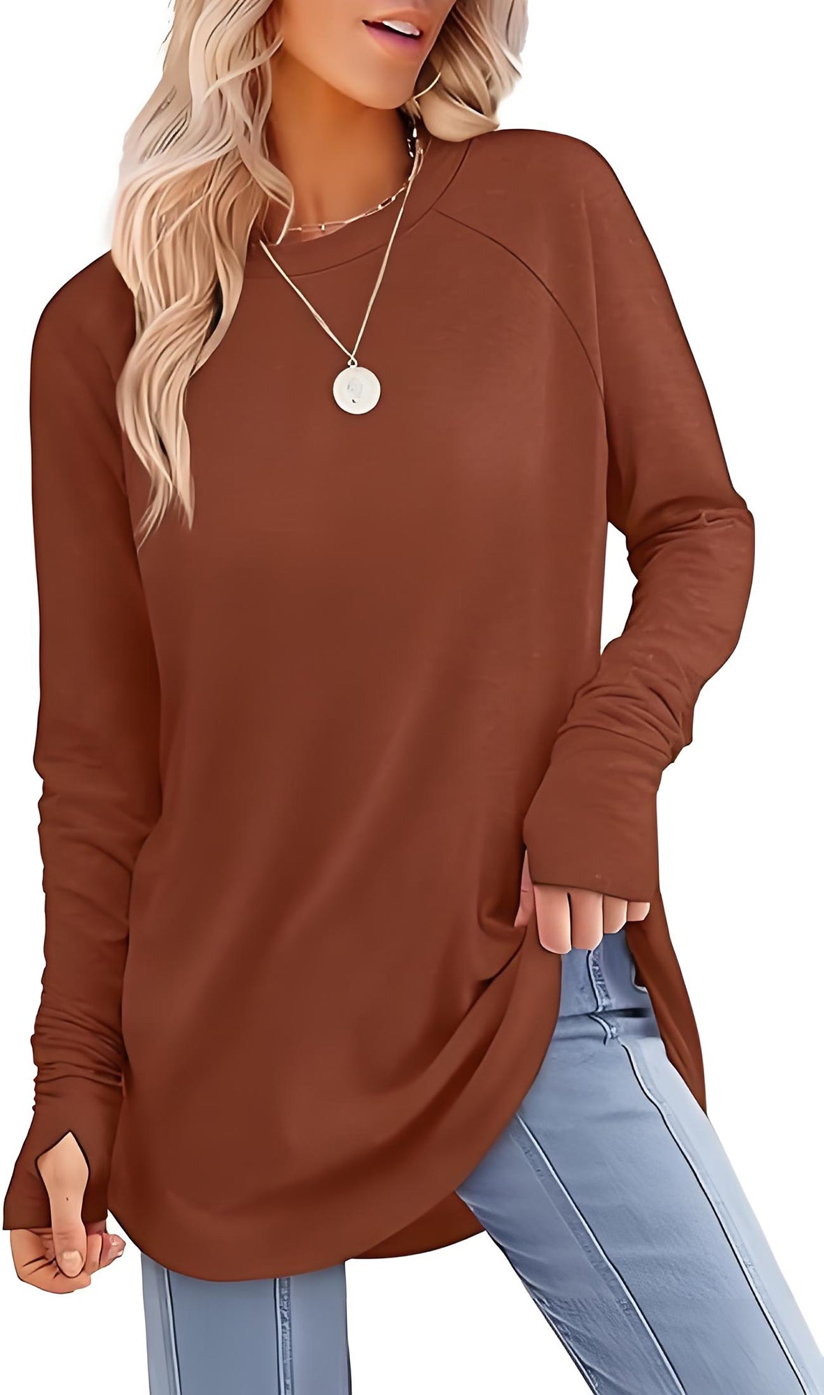 ✨Best-1 Sale Tops Fall 2025✨Womens Tunic Tops to Wear with Leggings Long Sleeve Thumb Hole Shirts Crew Neck Curved Hem
