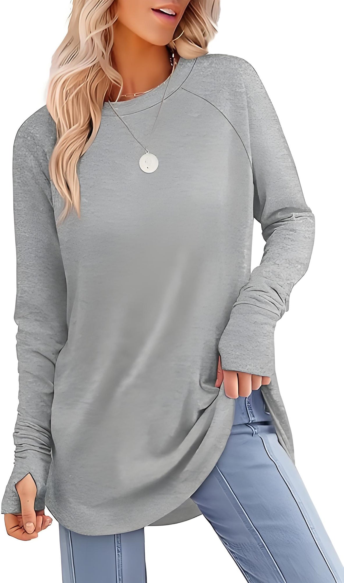 ✨Best-1 Sale Tops Fall 2025✨Womens Tunic Tops to Wear with Leggings Long Sleeve Thumb Hole Shirts Crew Neck Curved Hem
