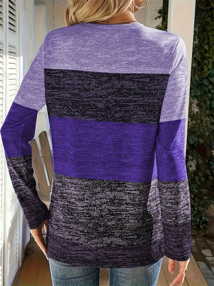 Plus Size Women's Casual Contrast Color V Neck Long Sleeve T-Shirts